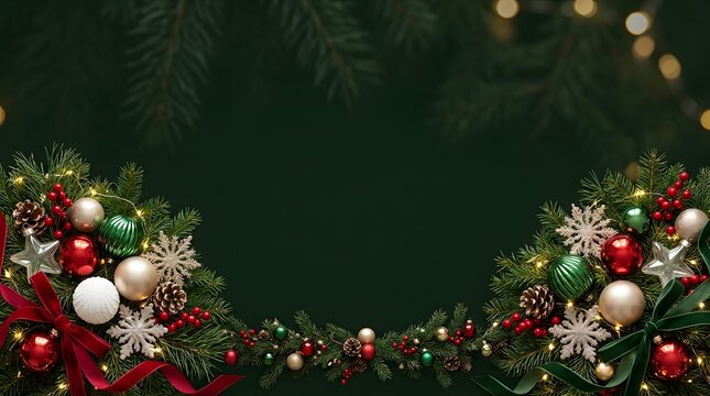 A festive and elegant christmas background with ornaments lights and a dark green hue