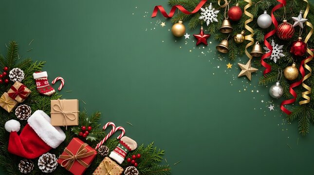 Festive christmas scene with ornaments gifts and a classic holiday color palette