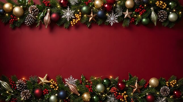 A festive christmas scene with rich red backdrop ornaments and sparkling holiday decorations
