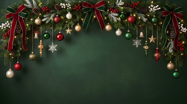 A festive and elegant christmas backdrop with ornaments ribbons and a dark green hue