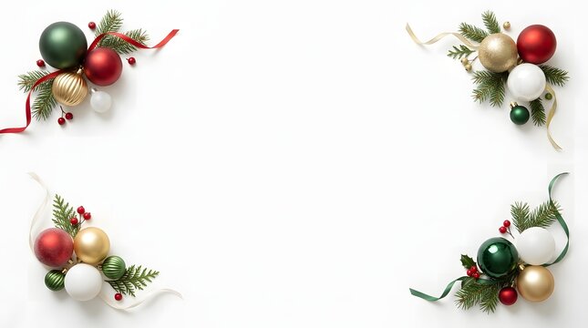 Festive christmas corner decorations with ornaments pine branches and a clean white background
