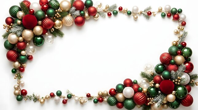 Festive christmas border of ornaments and garland on a clean white background