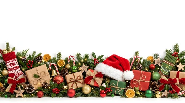 A festive christmas scene with presents santa's hat and evergreen branches on a white background