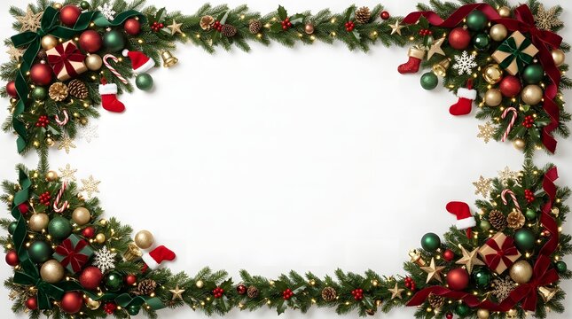 Festive christmas garland border with sparkling ornaments and evergreen branches for holiday celebrations