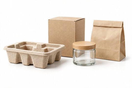 Eco-friendly packaging prototypes including egg carton jar and paper bag on white background