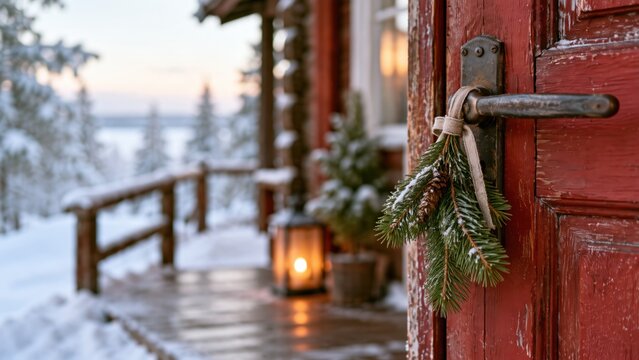 Rustic red door of a winter cabin with festive pine branch decoration