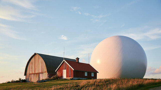 Rustic wooden barn next to a giant white radar dome sphere