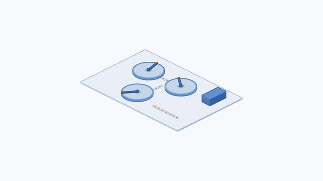 Seamless 4K looping isometric animation: clarifier tanks isometric view rotating. Clean flat vector scene on a light background in blue and azure, with blank callout tags and plenty of copy space for 