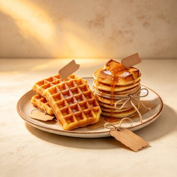 Warm cozy breakfast platter featuring golden belgian waffles and pancake stack drizzled with sweet caramel sauce under sunbeam light.