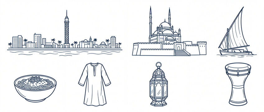 Cairo landmarks and traditional Egyptian culture icons in dark blue line art on white, featuring Tower, Citadel mosque, felucca, koshary, galabeya, lantern, and darbuka for travel guides