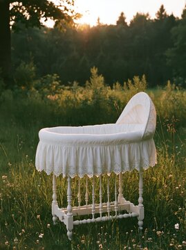 Vintage white baby bassinet in a sunny summer meadow