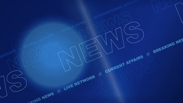A professional broadcast-style motion graphics background featuring a luminous blue globe, layered NEWS typography, and diagonal text patterns over a deep navy-blue gradient. Repeating outlined headli