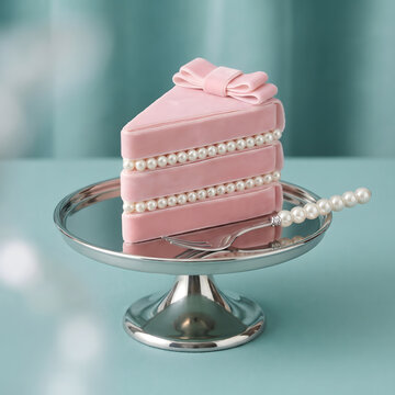 Pink Velvet Cake Slice Decorated with Pearl Beads and Matching Bow on Silver Plate.