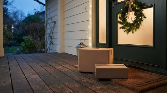 Cardboard parcels left on wooden porch by front door with festive holiday wreath at dusk