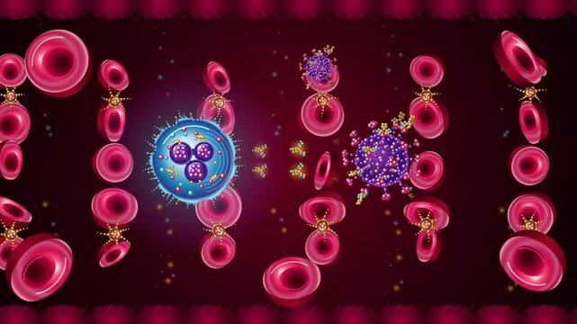 3D Red Blood Cells White Blood Cell and Antibodies Neutralizing Virus in Artery Seamless Loop