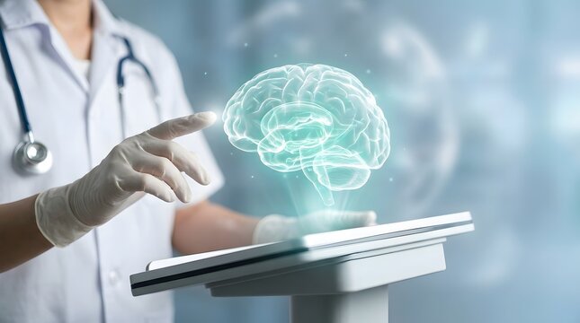 Doctor interacting with a glowing digital brain interface representing advanced medical technology and neurological research