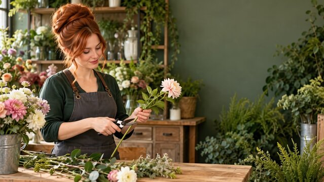 Young female florist with beehive hair cutting flowers in a shop