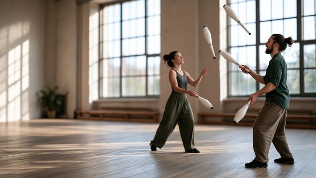 Young man and woman juggling white clubs in a bright studio