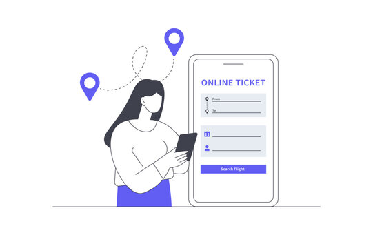 Booking Online Ticket Reservation and Travel Location Search. Female Specialist Holding Phone near Smartphone Screen Displaying Online Ticket Form and Location Pin. Flat Cartoon Vector Illustration