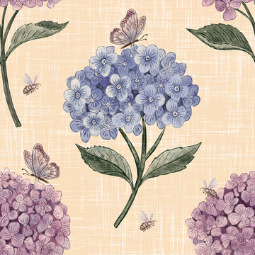 Blue Hydrangea Pattern with Bees and Butterflies on Linen. Seamless botanical illustration with purple blooms and green leaves on peach. Vintage garden background for wallpaper, textiles.