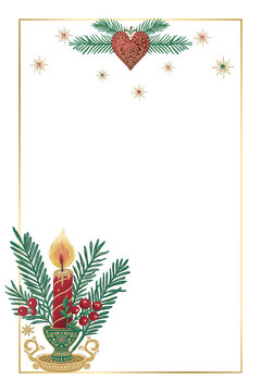 Christmas Candle Invitation with Heart Ornament and Gold Frame. vertical card with fir branches, berries and golden stars on white. Festive background with blank copy space for holiday greetings.
