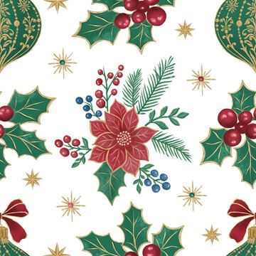 Christmas Poinsettia and Holly Seamless Pattern on White. Festive botanical illustration with berries, fir sprigs and gold stars. Traditional decorative background for holiday textiles and gift wrap.