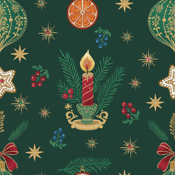 Christmas Candle and Gingerbread Pattern on Dark Green. Seamless festive illustration with orange slices, baubles and gold stars. Vintage decorative background for holiday textiles and wrapping paper.