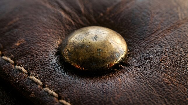 Brass upholstery nail detail on aged brown leather surface with visible stitching