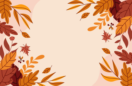 Warm autumn leaves and berries frame background on cream base for Thanksgiving greeting banner