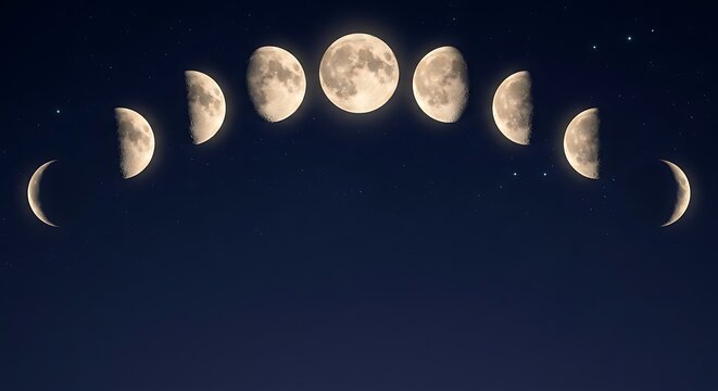 Digital illustration depicting the complete lunar cycle with sequential phases of the moon glowing against a dark blue starry night sky background
