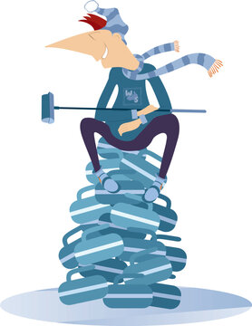 Curling sport. Man with curling broom sitting on the big pile of curling stones