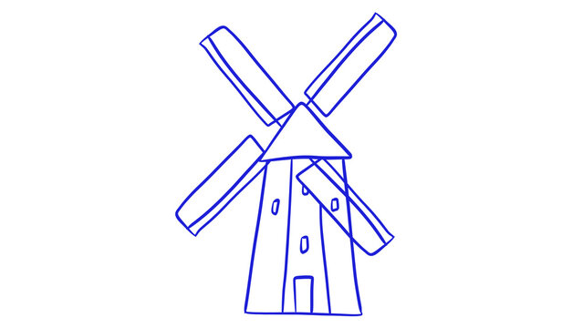 Blue hand drawn line art illustration of a traditional windmill sketch isolated on a plain transparent background.