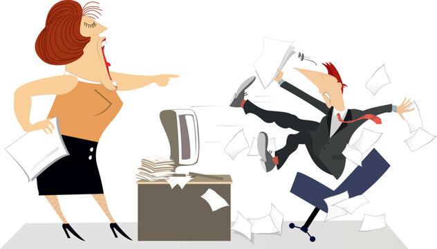 Boss in anger. Angry female manager gives instructions to employee