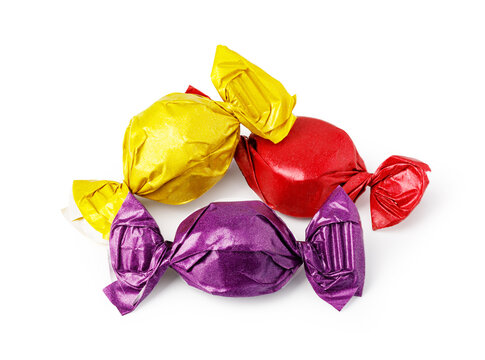 Colorful wrapped candies in red, yellow, and purple wrappers