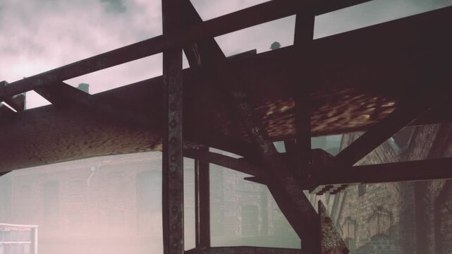 Rusty beams and pipes intertwine in a misty setting, hinting at an abandoned place. The atmosphere is thick with history, reminiscent of lost industry and time passed.