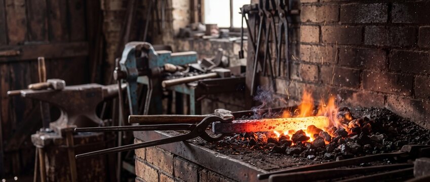 Blacksmith heating red hot steel bar in forge hearth. Metalworking in rustic workshop with anvil and blacksmithing tools