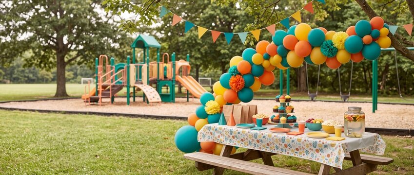 Outdoor birthday party setup on wooden picnic table in public park. Festive party snacks, cupcakes, and colorful balloon arch near children playground