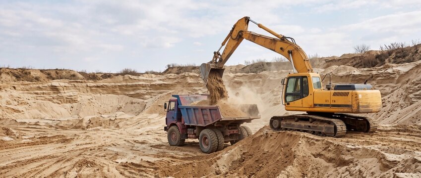 Excavator loading sand into a dump truck at an open pit quarry. Heavy industrial machinery working in a sand mine excavation site