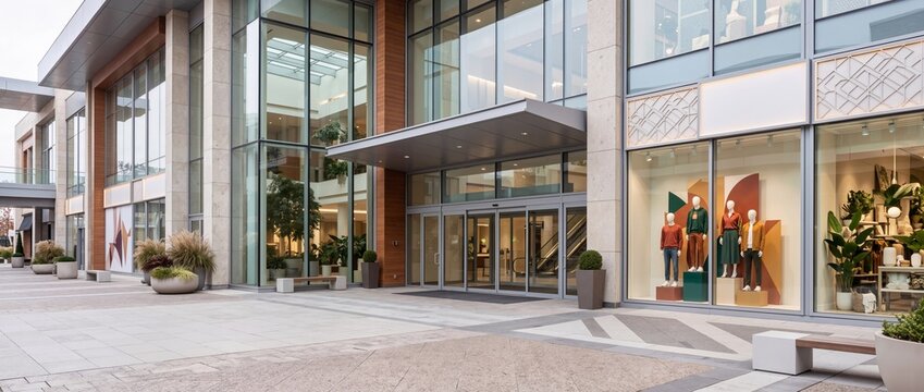 Modern shopping mall glass entrance and retail storefronts with mannequin window displays. Outdoor pedestrian concourse and facade