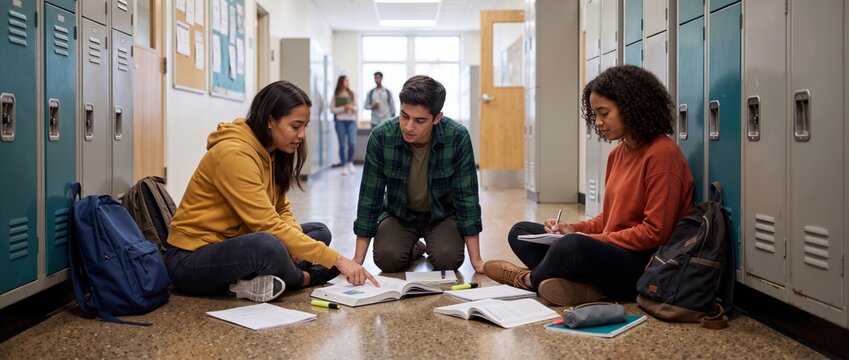 Diverse students sitting on the floor in a school hallway studying textbooks. High school or college classmates preparing for exam together