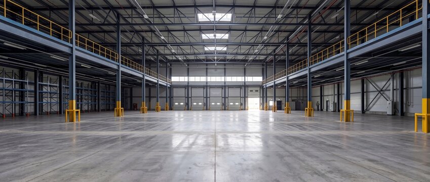 Empty industrial warehouse with steel frame structure and polished concrete floor. Spacious interior of distribution logistics facility with mezzanine