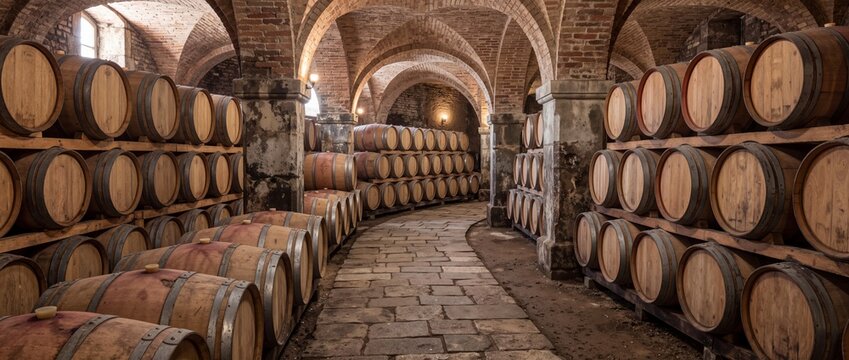 Rows of oak barrels aging in a vaulted wine cellar. Wooden casks stacked along a stone pathway in an underground winery. Traditional winery maturation vault