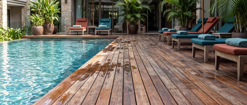 Wet wooden deck beside a swimming pool at a resort. Lounge chairs and tropical plants around an outdoor hotel pool. Summer vacation and poolside relaxation concept