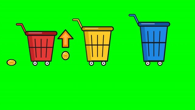 Animated shopping carts with gold coins and interactive call to action buttons on a green screen. Ideal for retail promotion and discount marketing videos.