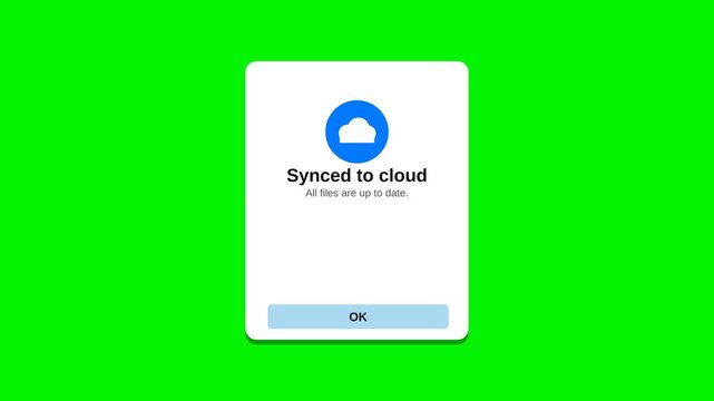 A cloud sync notification window displayed on a green screen