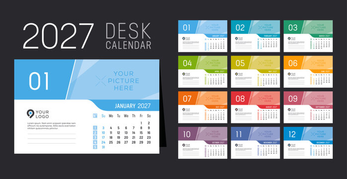 Year 2027 monthly office desk calendar. Week starts Sunday. Vector template, English language.