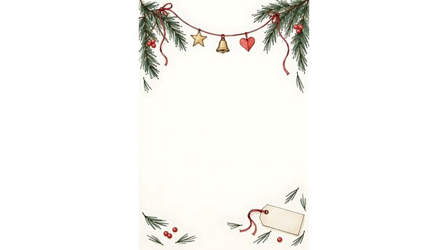Partially untied evergreen garland holding paper charms around tall unobstructed central area. Christmas story border concept