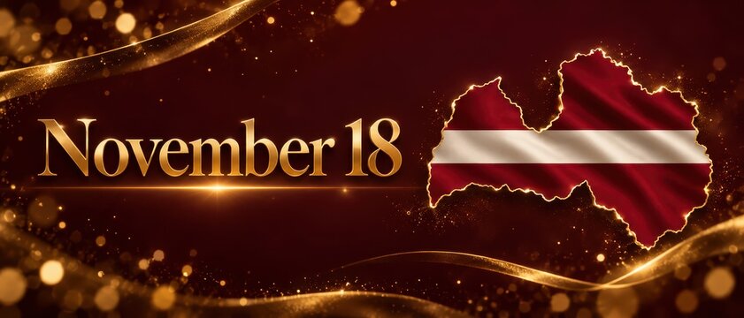 Latvia Independence Day November 18 Celebration with Golden Typography and Glowing Latvian Flag Map on Burgundy Background