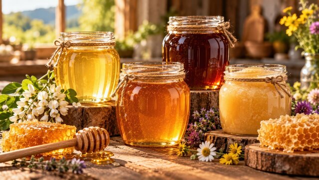 Four Glass Jars of Different Honey Varieties with Honeycomb Wooden Dipper and Wildflowers on Rustic Table