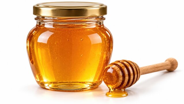 Golden Honey in Clear Glass Jar with Metal Lid and Wooden Dipper Dripping Honey on White Background